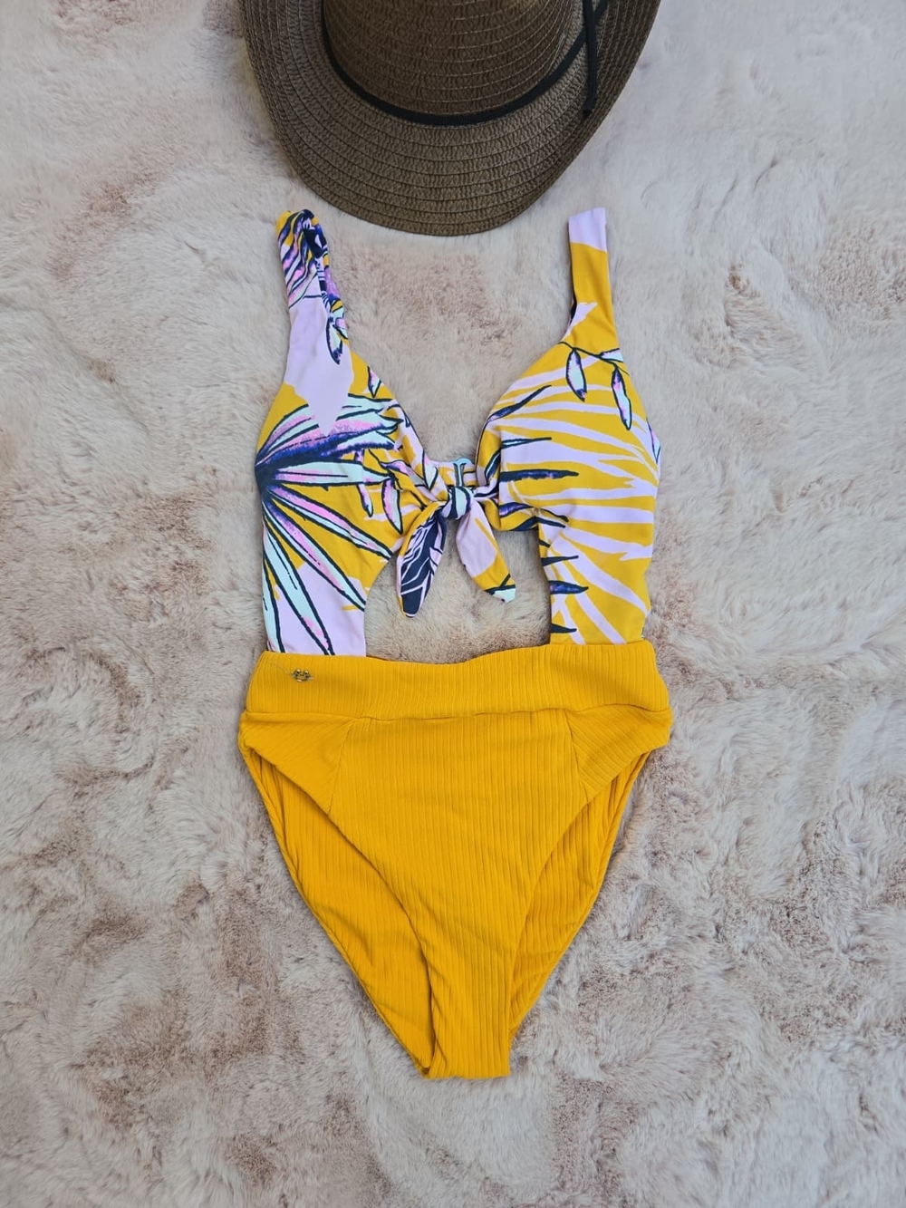 Tropical Cut-Out One Piece Swimsuit XS.  Maaji Inspired. High Waist Yellow